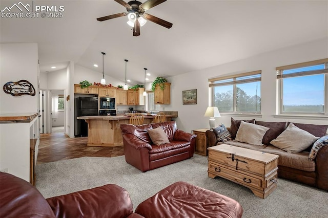 8610 Wildridge Rd, Colorado Springs, CO 80908 - living area with ceiling fan, vaulted ceiling, recessed lighting, and light colored carpet