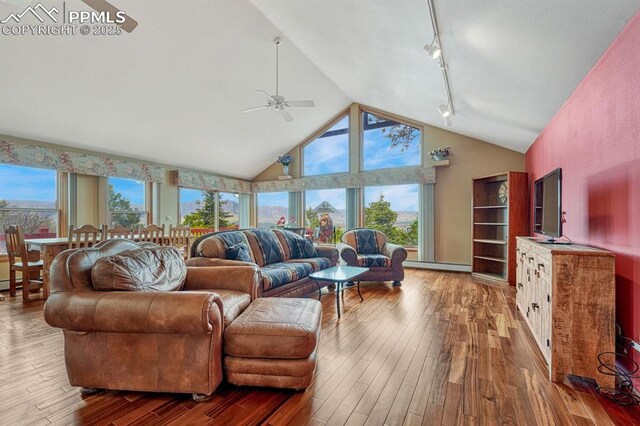 17580 Chipped Arrow Way, Monument, CO 80132 - living area with a ceiling fan, track lighting, hardwood / wood-style flooring, high vaulted ceiling, and baseboard heating