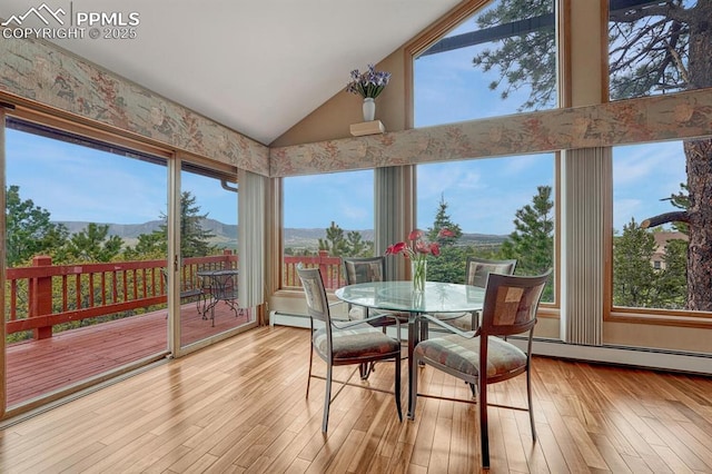 17580 Chipped Arrow Way, Monument, CO 80132 - sunroom with lofted ceiling, wood-type flooring, a baseboard radiator, and a deck with mountain view