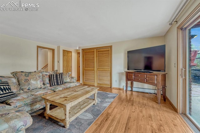 17580 Chipped Arrow Way, Monument, CO 80132 - living room featuring light wood-style floors, a baseboard radiator, and baseboards