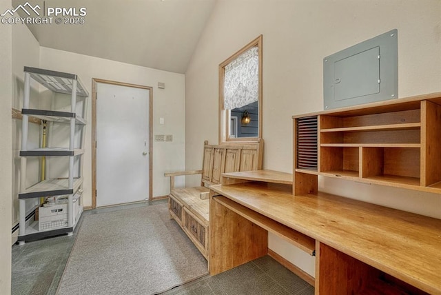 17580 Chipped Arrow Way, Monument, CO 80132 - interior space with electric panel and lofted ceiling
