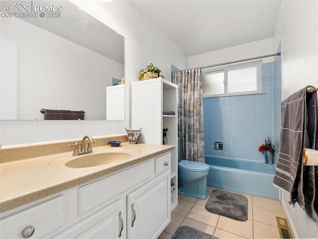 63 Radcliff Ln, Pueblo, CO 81005 - bathroom with vanity, shower / tub combo with curtain, tile patterned flooring, and toilet