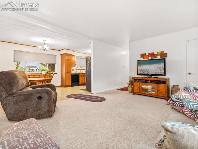 63 Radcliff Ln, Pueblo, CO 81005 - living room with a chandelier, light colored carpet, and baseboards