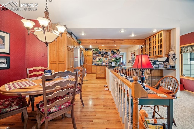 435 W Woodmen Rd, Colorado Springs, CO 80919 - dining space with a chandelier, light wood-type flooring, wallpapered walls, and recessed lighting