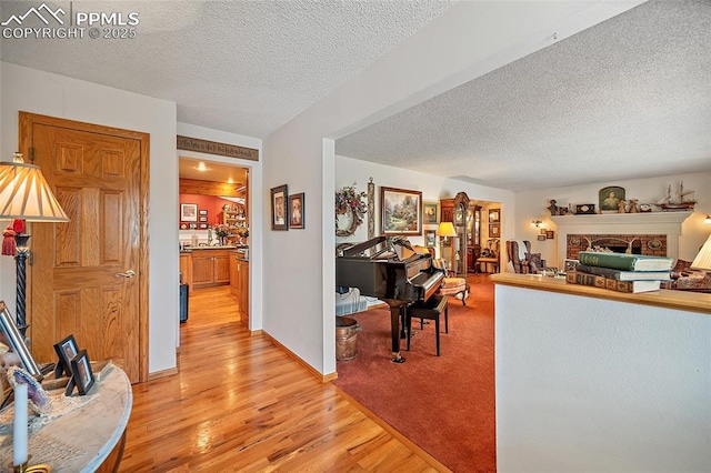 435 W Woodmen Rd, Colorado Springs, CO 80919 - living area featuring a textured ceiling, light wood-style flooring, and a fireplace