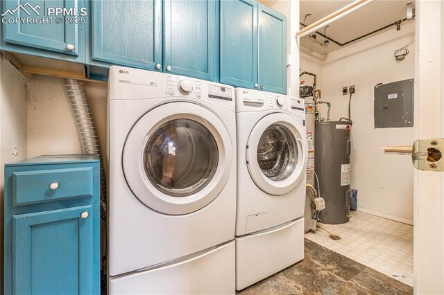 1369 Spring Valley Dr, Divide, CO 80814 - washroom featuring cabinet space, electric panel, washing machine and dryer, electric water heater, and tile patterned floors