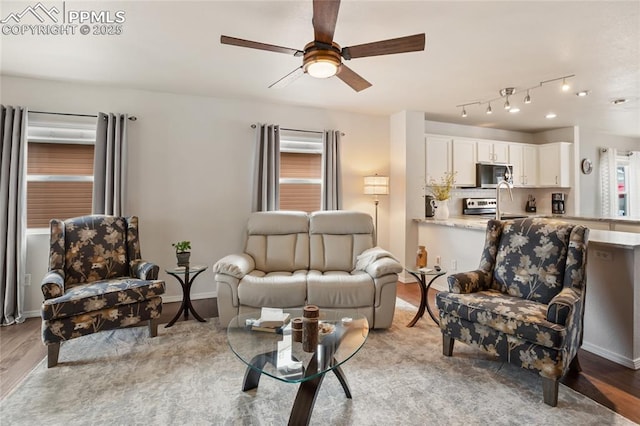 7833 Bengali Ln, Colorado Springs, CO 80923 - living room featuring ceiling fan, light wood-style floors, baseboards, and plenty of natural light