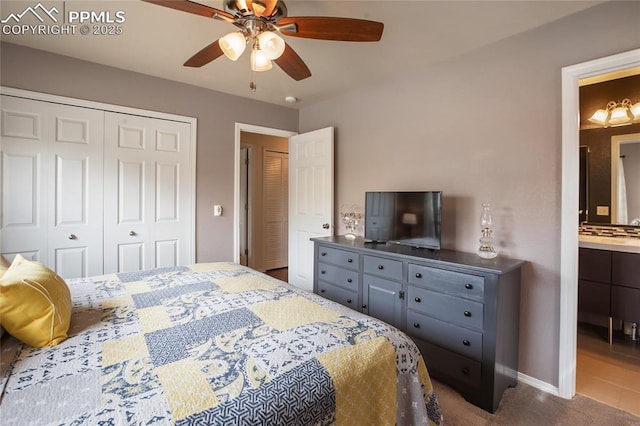 7833 Bengali Ln, Colorado Springs, CO 80923 - bedroom featuring a closet, carpet, a ceiling fan, and baseboards