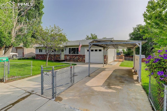 1567 Willshire Dr, Colorado Springs, CO 80906 - ranch-style home featuring a gate, brick siding, a garage, concrete driveway, and a carport