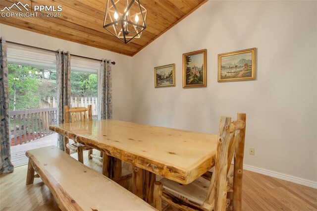 417 W Columbine Ave, Woodland Park, CO 80863 - dining space with wood ceiling, lofted ceiling, a chandelier, wood finished floors, and baseboards