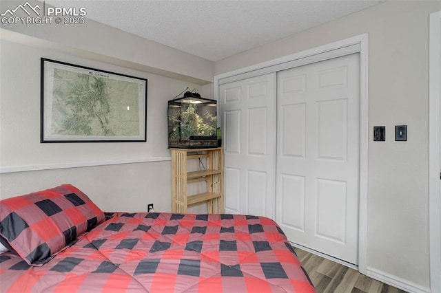417 W Columbine Ave, Woodland Park, CO 80863 - bedroom featuring wood finished floors, a closet, and a textured ceiling