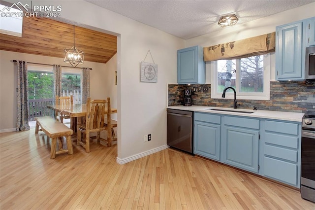417 W Columbine Ave, Woodland Park, CO 80863 - kitchen featuring stainless steel appliances, blue cabinetry, a sink, light countertops, and light wood-style flooring