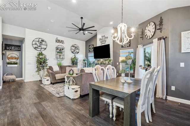 7198 Bigtooth Maple Dr, Colorado Springs, CO 80925 - dining space with a ceiling fan, lofted ceiling, dark wood finished floors, baseboards, and a chandelier