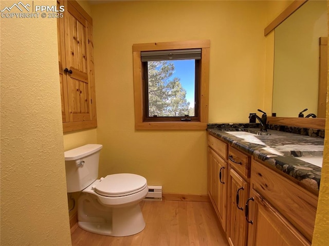 845 Markus Rd, Woodland Park, CO 80863 - bathroom with toilet, wood finished floors, a baseboard radiator, vanity, and baseboards