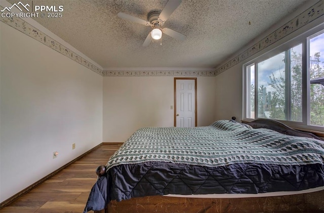 6938 Big Timber Dr, Colorado Springs, CO 80923 - bedroom with wood finished floors, a textured ceiling, multiple windows, baseboards, and ceiling fan