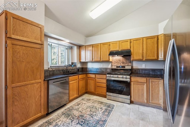 14810 Tanner Trl, Elbert, CO 80106 - kitchen featuring appliances with stainless steel finishes, a sink, vaulted ceiling, under cabinet range hood, and brown cabinets