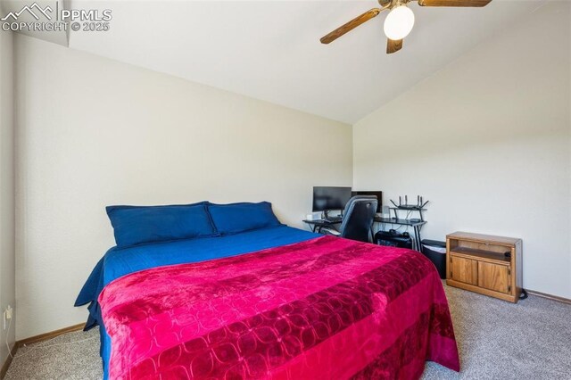 14810 Tanner Trl, Elbert, CO 80106 - bedroom featuring carpet, baseboards, vaulted ceiling, and a ceiling fan