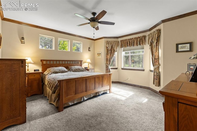11720 Smokey Hill Grv, Colorado Springs, CO 80908 - bedroom with light carpet, ornamental molding, and ceiling fan