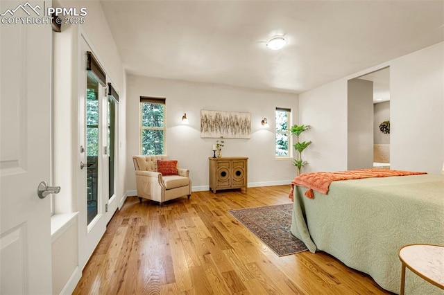 4775 Neeper Valley Rd, Manitou Springs, CO 80829 - bedroom with light wood finished floors, multiple windows, access to exterior, and baseboards