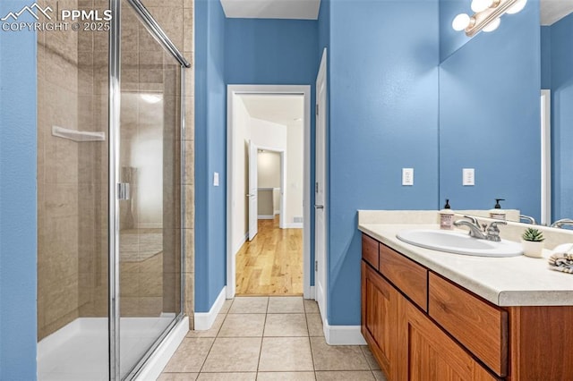 4775 Neeper Valley Rd, Manitou Springs, CO 80829 - full bath with vanity, a shower stall, tile patterned flooring, and baseboards