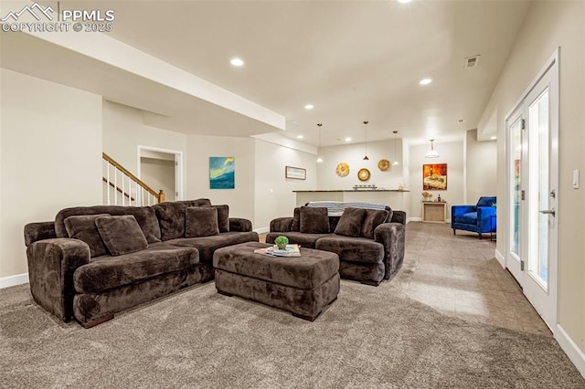 4775 Neeper Valley Rd, Manitou Springs, CO 80829 - carpeted living room with baseboards, recessed lighting, and stairway