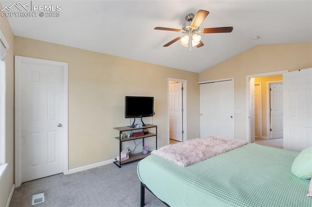 6755 Akerman Dr, Colorado Springs, CO 80923 - bedroom with carpet floors, lofted ceiling, baseboards, a ceiling fan, and a closet