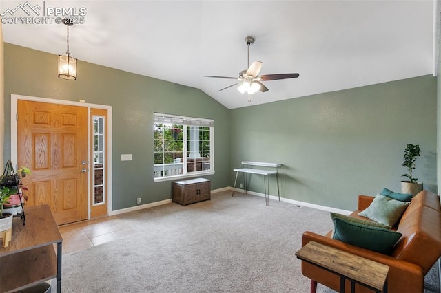 6755 Akerman Dr, Colorado Springs, CO 80923 - sitting room featuring lofted ceiling, a ceiling fan, carpet flooring, baseboards, and tile patterned flooring