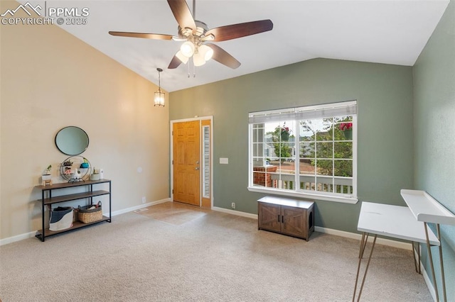 6755 Akerman Dr, Colorado Springs, CO 80923 - carpeted entrance foyer with lofted ceiling, a ceiling fan, and baseboards