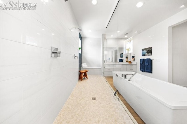 455 Rogers Way, Castle Rock, CO 80104 - full bathroom featuring a soaking tub, recessed lighting, vanity, and a shower