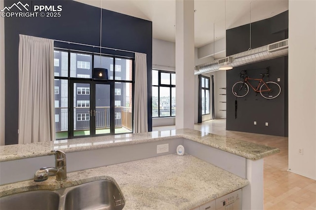 3100 Huron St Unit 4N, Denver, CO 80202 - kitchen featuring a sink, light stone counters, and wood finished floors