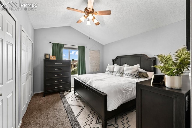 2280 Lisa Dr, Colorado Springs, CO 80915 - bedroom featuring lofted ceiling, carpet floors, a textured ceiling, and ceiling fan