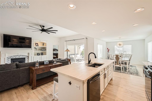 2513 Cinnabar Rd, Colorado Springs, CO 80921 - kitchen featuring a sink, dishwasher, light wood-type flooring, light countertops, and range