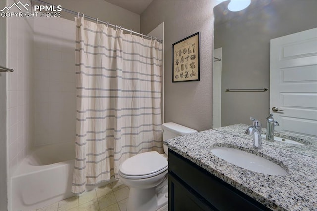 4228 Notch Trl, Colorado Springs, CO 80924 - full bath featuring toilet, vanity, a textured wall, and shower / bath combo with shower curtain