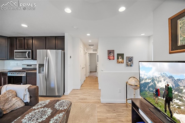 5840 Thurless Ln, Colorado Springs, CO 80927 - kitchen with appliances with stainless steel finishes, dark brown cabinetry, light wood-type flooring, backsplash, and baseboards