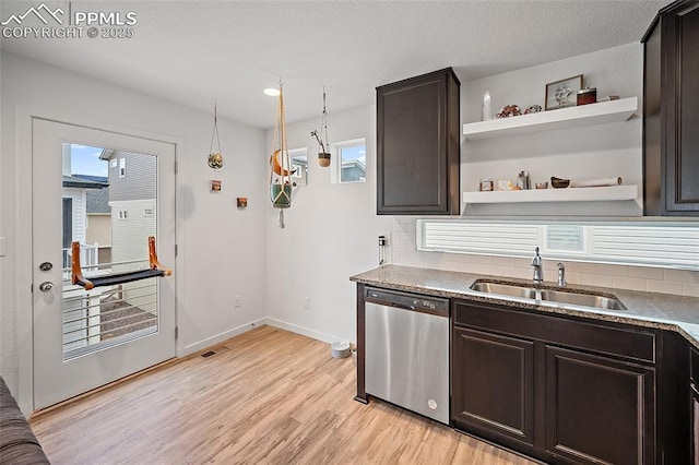 5840 Thurless Ln, Colorado Springs, CO 80927 - kitchen featuring stainless steel dishwasher, a sink, dark brown cabinets, light wood finished floors, and open shelves
