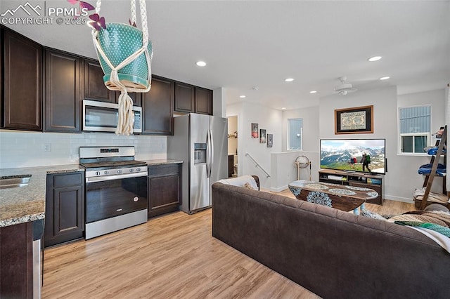 5840 Thurless Ln, Colorado Springs, CO 80927 - living room featuring light wood-type flooring, recessed lighting, baseboards, and ceiling fan