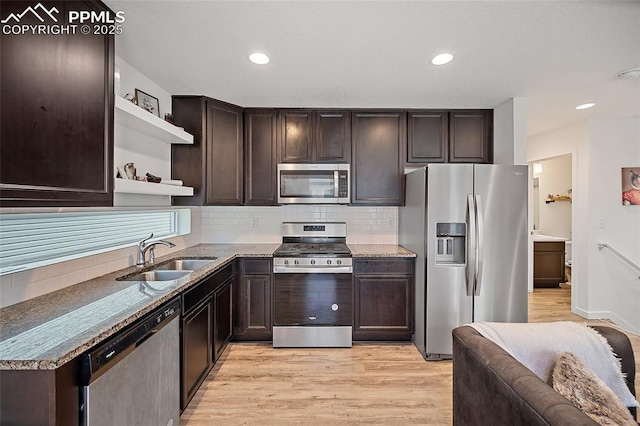5840 Thurless Ln, Colorado Springs, CO 80927 - kitchen with appliances with stainless steel finishes, a sink, open shelves, dark brown cabinets, and recessed lighting