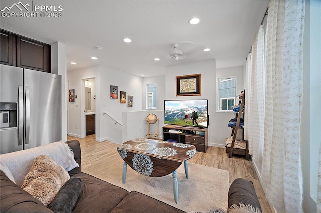5840 Thurless Ln, Colorado Springs, CO 80927 - living area with light wood-style floors, recessed lighting, baseboards, and ceiling fan