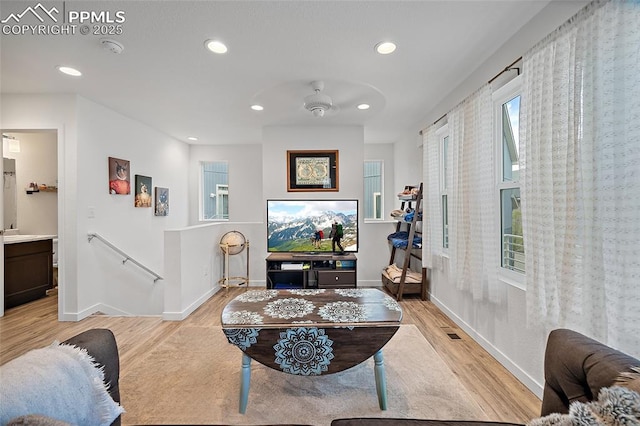 5840 Thurless Ln, Colorado Springs, CO 80927 - living room featuring recessed lighting, light wood-type flooring, baseboards, and ceiling fan