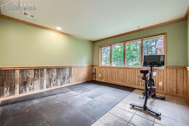 14820 Spiritwood Loop, Elbert, CO 80106 - exercise room with a wainscoted wall, plenty of natural light, crown molding, and wood walls