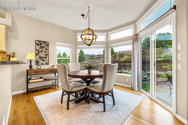 12265 Jones Park Ct, Colorado Springs, CO 80921 - dining area featuring healthy amount of natural light, a chandelier, light wood finished floors, and baseboards