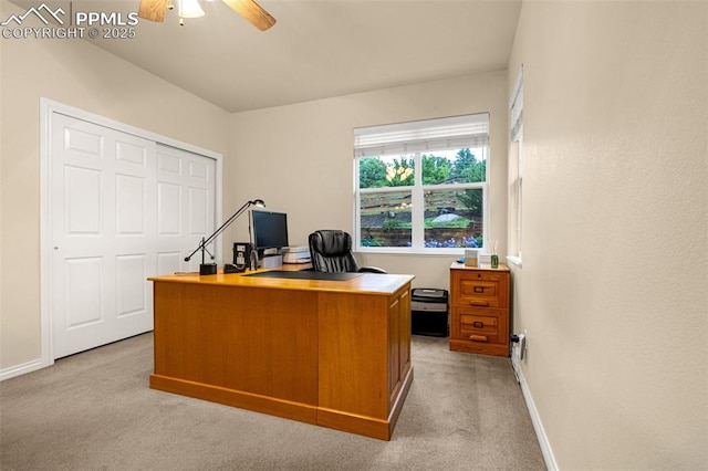 12265 Jones Park Ct, Colorado Springs, CO 80921 - home office featuring light colored carpet, ceiling fan, and baseboards