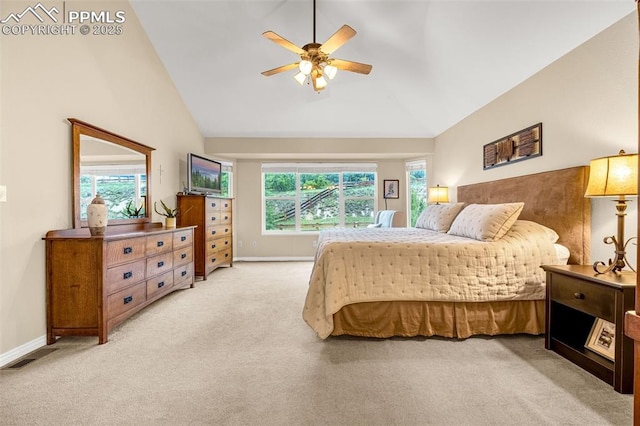12265 Jones Park Ct, Colorado Springs, CO 80921 - bedroom featuring light colored carpet, baseboards, high vaulted ceiling, and a ceiling fan