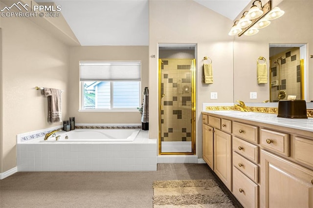 12265 Jones Park Ct, Colorado Springs, CO 80921 - bathroom with lofted ceiling, double vanity, a stall shower, a bath, and a chandelier