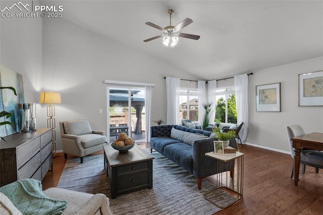 8795 Canary Cir, Colorado Springs, CO 80908 - living area with ceiling fan, wood finished floors, baseboards, and high vaulted ceiling