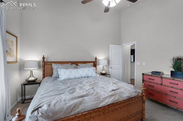 8795 Canary Cir, Colorado Springs, CO 80908 - bedroom with carpet floors, a towering ceiling, baseboards, and ceiling fan