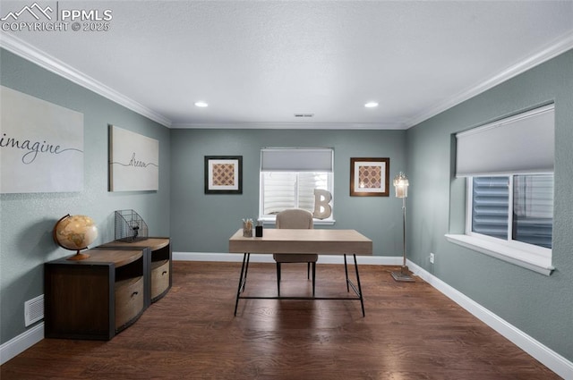 8795 Canary Cir, Colorado Springs, CO 80908 - office with ornamental molding, dark wood-type flooring, baseboards, and recessed lighting