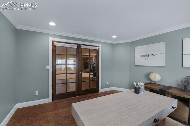 8795 Canary Cir, Colorado Springs, CO 80908 - office featuring french doors, crown molding, dark wood-style flooring, baseboards, and recessed lighting