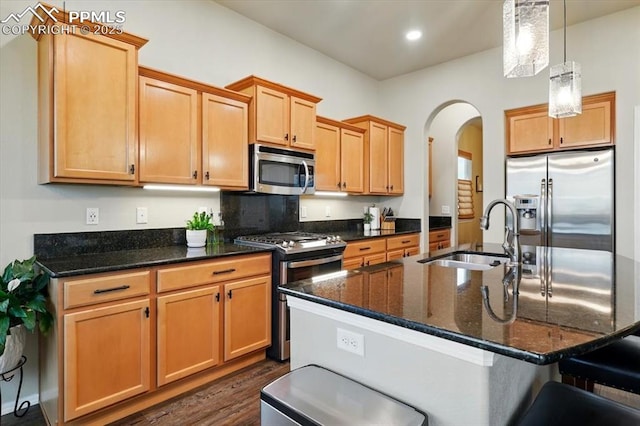 15506 Short Line Ct, Monument, CO 80132 - kitchen featuring stainless steel appliances, a sink, arched walkways, dark wood finished floors, and dark stone countertops