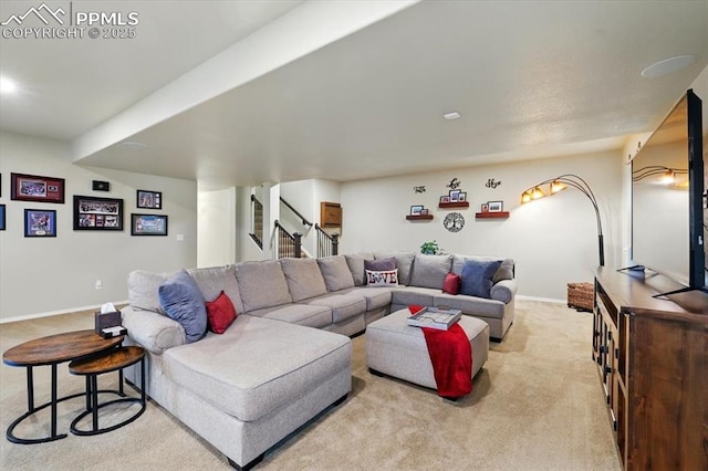 15506 Short Line Ct, Monument, CO 80132 - living room featuring carpet flooring, baseboards, and stairway